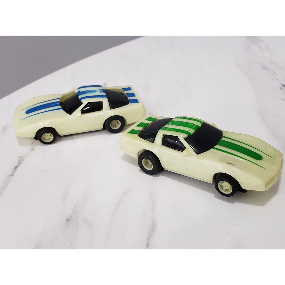 Lot 2 Tyco Nite Glow Green Blue Stripe 83 Chevy Corvette HO Slot Cars